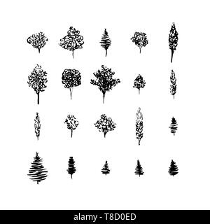 Trees black silhouettes, set isolated on white. Hand drawn ink style. Christmas tree, fruit tree Stock Vector