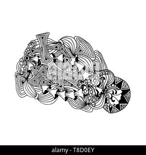 Hand drawn doodle outline magic line art element with floral ornament and stylized mushrooms. Sketch for children or adult coloring pages. Stock Vector