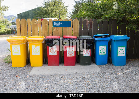 Recycling bins in a campsite Stock Photo