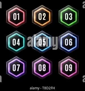 Glossy plastic banners. Shiny neon light hexagon. Stock Vector