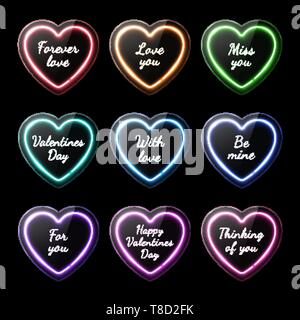 Colorful neon heart banners set with romantic text Stock Vector