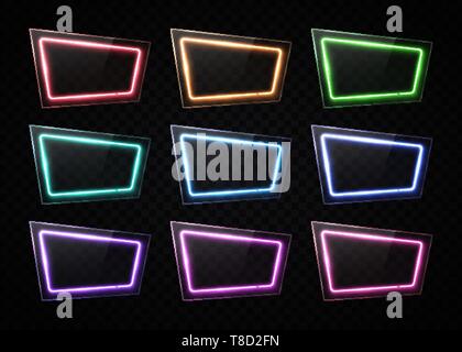 Glowing rectangle neon signs with glass texture. Stock Vector