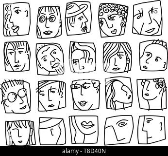 People abstract faces avatars characters black and white icons set Stock Vector
