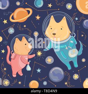 Vector illustration with cute dog and cat in space. Template for design. Illustration for the day of cosmonautics. Stock Vector