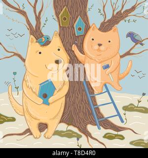 Vector illustration with cute dog and cat that make birdhouses. Spring is coming! Template for greeting card. Stock Vector