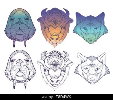 Vector set of illustrations of wolf, buffalo and walrus. Ethnic style, illustration for poster, tattoo. Stock Vector