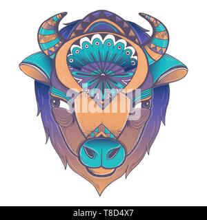 Vector illustration of buffalo head. Vector poster with bison in geometric style. Stock Vector