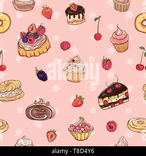 Seamless pattern "Time for sweet". Vector colorful, delicious background with cakes, pastries, cupcakes and donuts on polka dot backdrop. Stock Vector