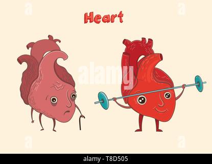 Cartoon vector illustration of healthy and sick human heart. Funny educational illustration for kids. Isolated characters. Stock Vector