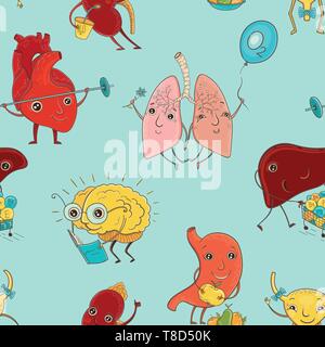 Vector seamless pattern with illustration of human organs. Cartoon background. Stock Vector