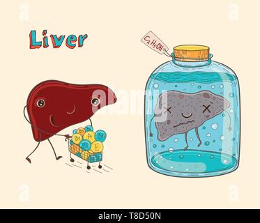 Cartoon vector illustration of healthy and sick human liver. Funny educational illustration for kids. Isolated characters. Stock Vector