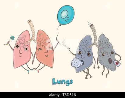 Cartoon vector illustration of healthy and sick human lungs. Funny educational illustration for kids. Isolated characters. Stock Vector