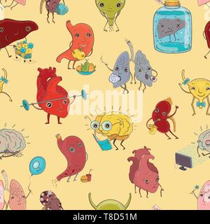Vector seamless pattern with illustration of human healthy and sick organs. Cartoon background. Stock Vector