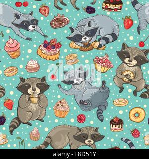 Vector seamless pattern with cute sweet-tooth raccoons, cakes and berries. Bright tasty background for design. Stock Vector