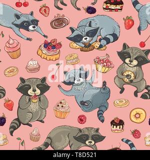 Vector seamless pattern with cute raccoons, cakes and berries. Bright template for design. Childish background. Stock Vector