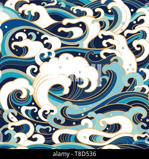 Traditional oriental seamless pattern with ocean waves, foam, splashes. Vector backdrop Stock Vector
