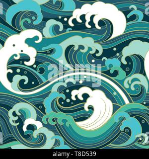 Traditional oriental seamless pattern with ocean waves, foam, splashes. Vector backdrop Stock Vector