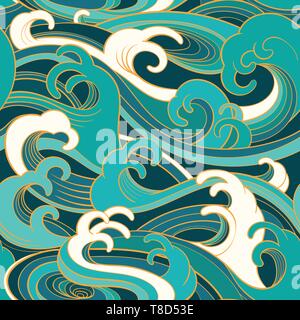 Traditional oriental seamless pattern with ocean waves, foam, splashes. Vector backdrop Stock Vector