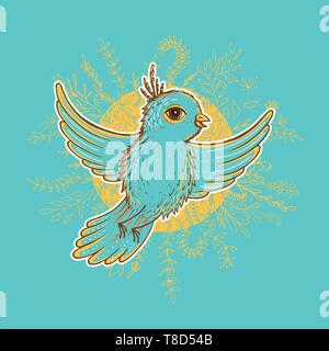 Vector spring illustration of bird inside floral wreath. Hand drawn postcard. Template for graphic design and invitations. Stock Vector