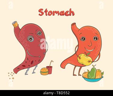 Cartoon vector illustration of healthy and sick human stomach. Funny educational illustration for kids. Isolated characters. Stock Vector