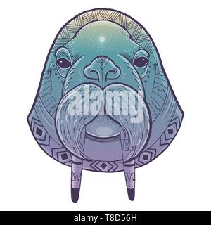 Vector illustration of walrus head. Vector poster with walrus in ornamental style. Stock Vector