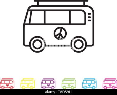 Hippie camper van line icon. Sixties lifestyle symbol in black and six colors. Stock Vector