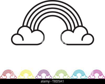 Hippie spirit rainbow and clouds line icon. Sixties lifestyle symbol in black and six colors. Stock Vector