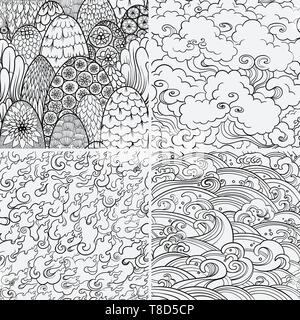 Vector set of seamless patterns with waves, fire, clouds and bushes. Contour illustrations. Asian theme. Nature background, 4 elements. Stock Vector