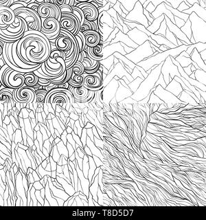 Vector set of seamless patterns with mountains, crystal stones, curls and lines. Contour illustrations. Stock Vector