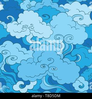 Vector traditional asian blue seamless patterns with clouds and sky. Oriental motif. Hand-drawn illustration Stock Vector