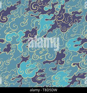 Abstract seamless vector pattern with blue fire. Asian style. Template for design Stock Vector