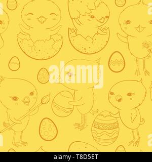 Vector seamless pattern with funny cute chicks and easter eggs. Easter celebration. Stock Vector
