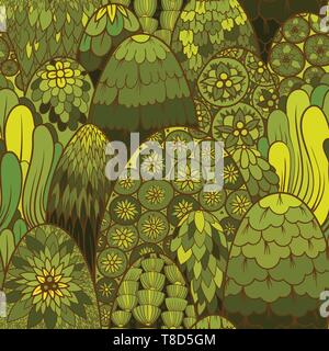Stylized seamless pattern with green trees and bushes. Vector botanical background. Asian theme Stock Vector