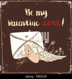 Vector greeting card. Vector illustration of hand holding envelope. Letter in hand. Love confession. Pigeon mail. Stock Vector
