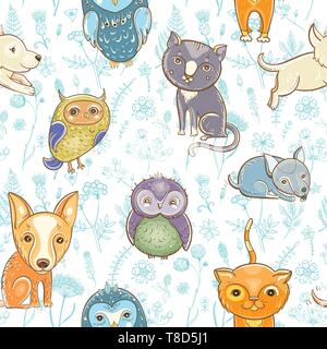 Vector seamless pattern with cute dogs, cats, owls on the floral background. Stock Vector