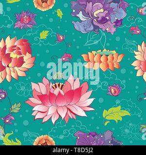 Seamless vector pattern with lotus flowers, peonies and chrysanthemums. Oriental, asian motif Stock Vector