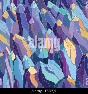 Vector seamless pattern with crystals and stones. Violet, blue and yellow colors. Template for design. Stock Vector