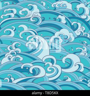 Traditional oriental seamless pattern with ocean waves, foam, splashes. Vector sea backdrop Stock Vector