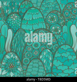 Stylized seamless pattern with turquoise trees and bushes. Vector botanical background. Asian theme Stock Vector
