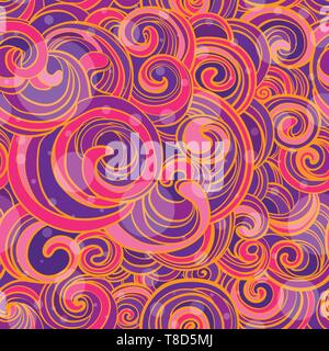 Hand Drawn vector seamless pattern with bright pink and violet whorls. Stock Vector