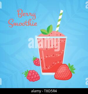 Red strawberry vegeterian smoothie cocktail vector illustration. Glass with layers of sweet vitamin juice cocktail or protein shake with couple strawberries for smoothies summer menu design template Stock Vector
