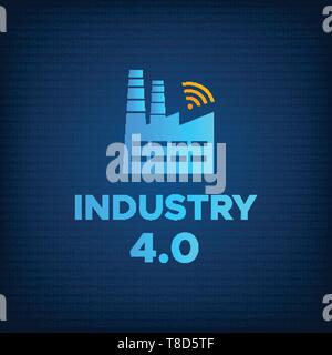 Manufacturing industry 4.0 revolution concept vector illustration. Blue factory icon with wireless symbol and sign INDUSTRY 4.0 Smart technology and technology background revolution business concept. Stock Vector