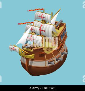 Galleon sailing old ship axonometric vector illustration Stock Vector