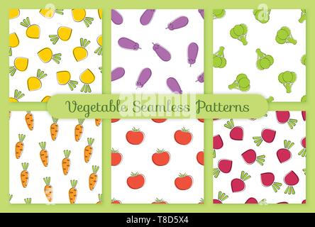 Pumpkin vegetable seamless background set vector flat illustration. Modern seamless texture background design with pumpkin vegetable in natural orange and white colors for healthy vegetarian menu Stock Vector