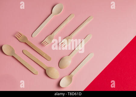 wooden stolen forks and spoons from the finest hotel. top view shot Stock Photo