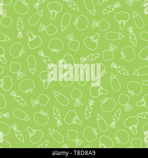 Line vegetable seamless pattern vector flat illustration. Natural food pattern design with contour vegetable seamless texture in green and white color for vintage wallpaper or vegan fabric print. Stock Vector