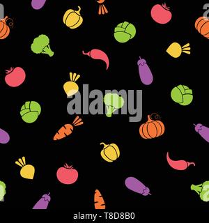 Silhouette vegetable seamless pattern vector flat illustration. Natural food black pattern design with outline vegetable seamless texture in bright color for organic fabric print or wallpaper template Stock Vector