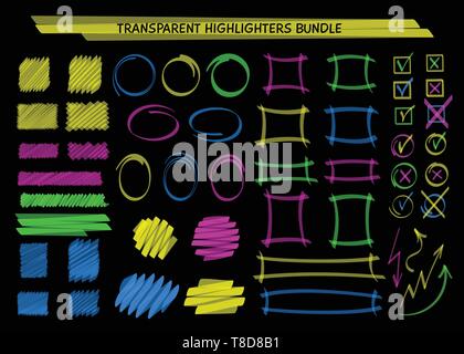 Transparent highlight marker frames and scribble vector illustration. Collection of highlight classified boxes, felt marker frames, blob brush sketchy checkmarks for social media decoration drawings Stock Vector