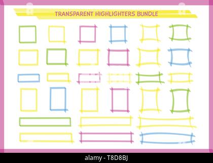 Transparent highlight pen rectangle frame collection vector illustration. Set of sketchy square felt pen borders in neon colors. Bright highlight marks for school whiteboard or stationery style design Stock Vector