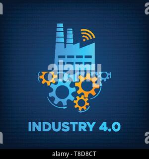 Factory and gears industry 4.0 concept vector illustration. Manufacturing digital technology design with blue factory icon, orange gears mechanism and sign INDUSTRY 4.0 on technology background Stock Vector